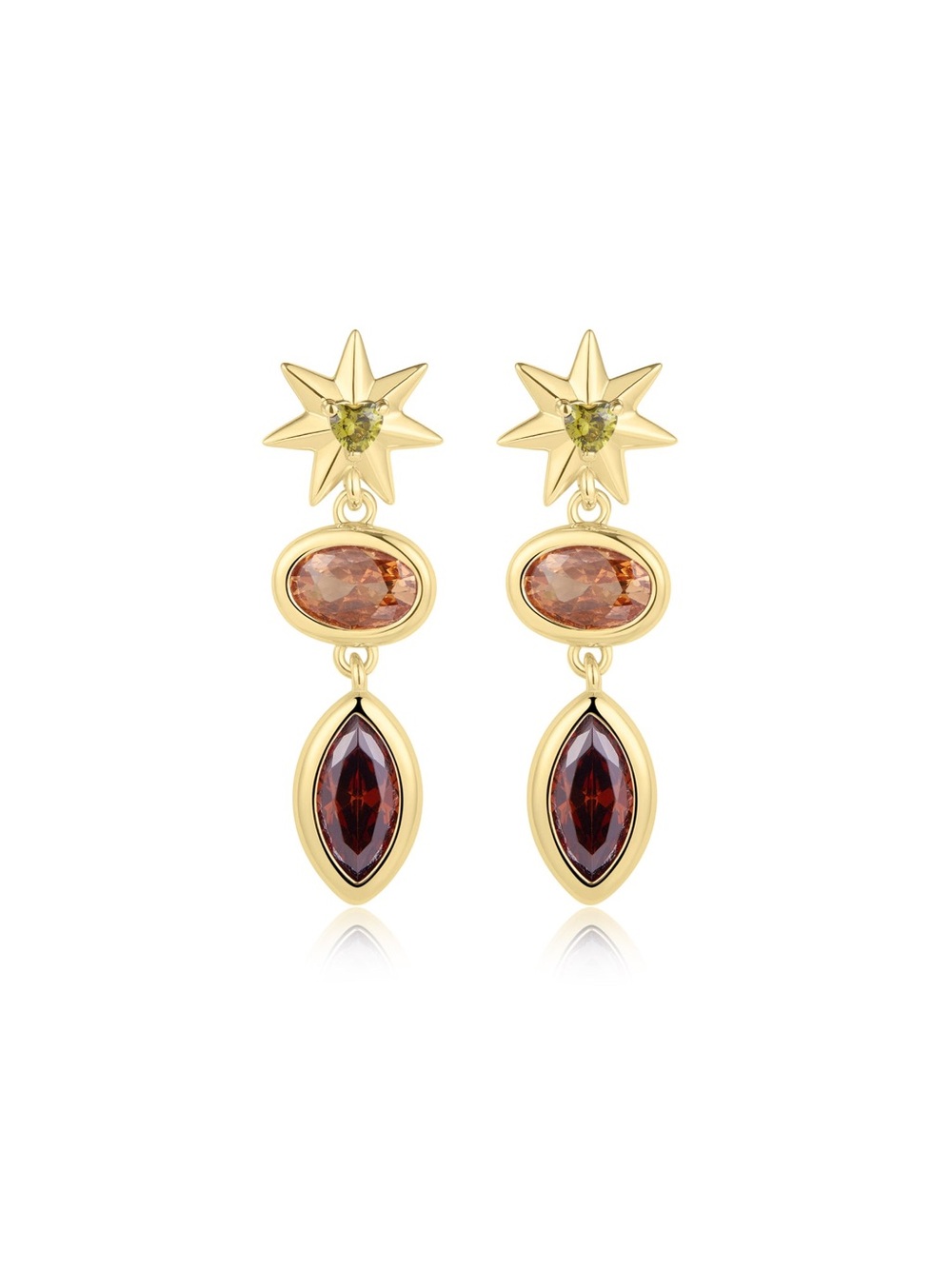 Luv Aj Gold Star Drop Earrings with Amber and Deep Red Stones
